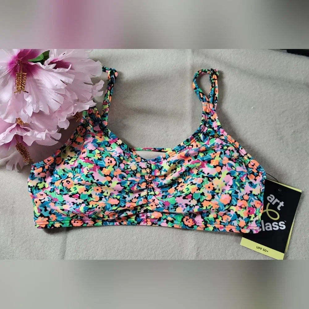 Art Class Girls NWT Floral Multicolor Bikini/Swim Top Size Large (10/12) UPF 50+